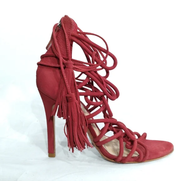 SCHUTZ Valquis Red Nubuck Leather Laced Caged Stiletto Heeled Sandals w/… - Picture 2 of 10